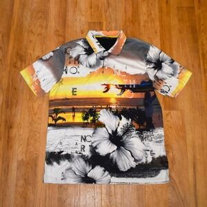 Bugatchi Polo Shirt Mens XXL Multicolor Hawaii North Shore Sunset Print